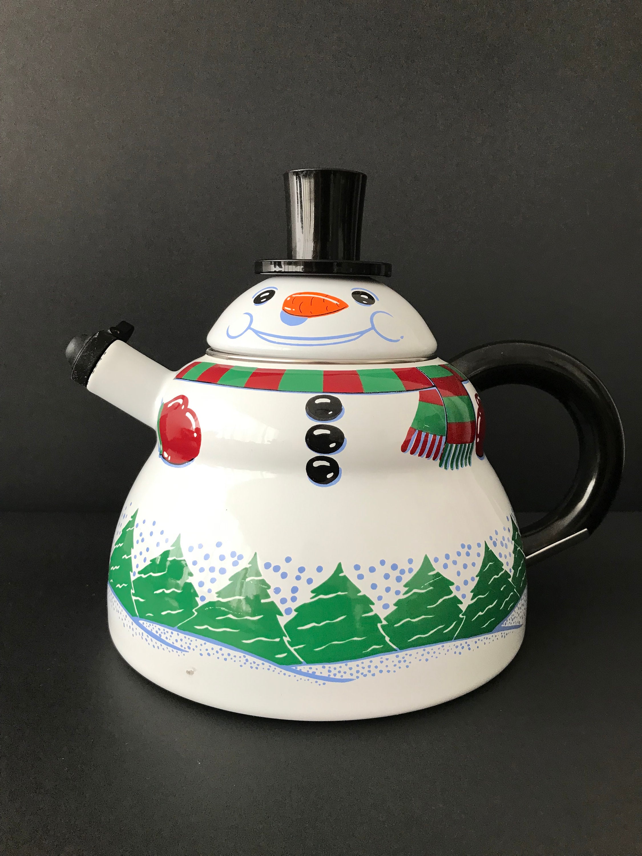 Vintage Winter Wonderland Holiday Snowman Whistling Tea Kettle