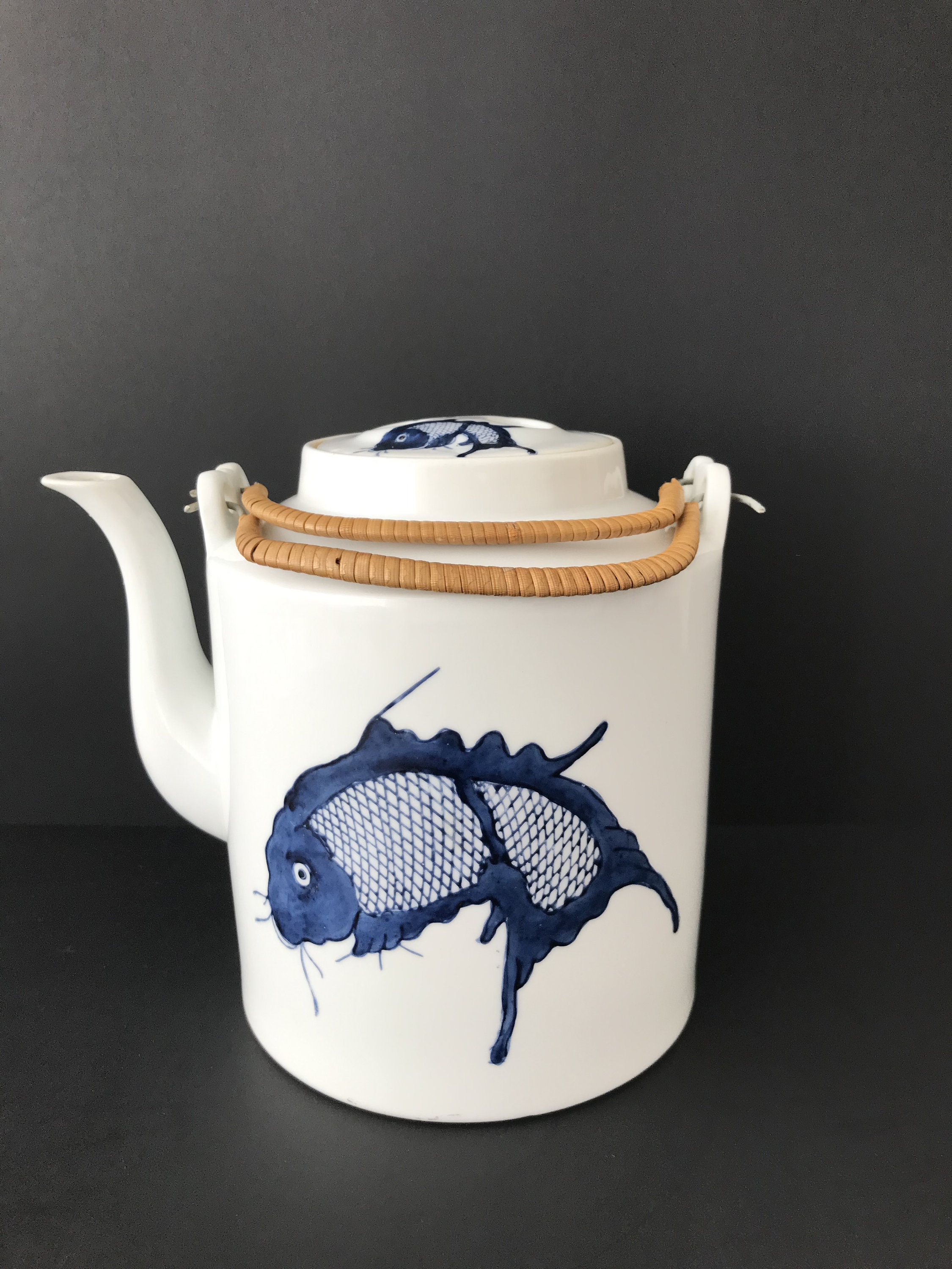 Blue and White Ceramic Koi Fish Teapot with Wood Wrapped Handle