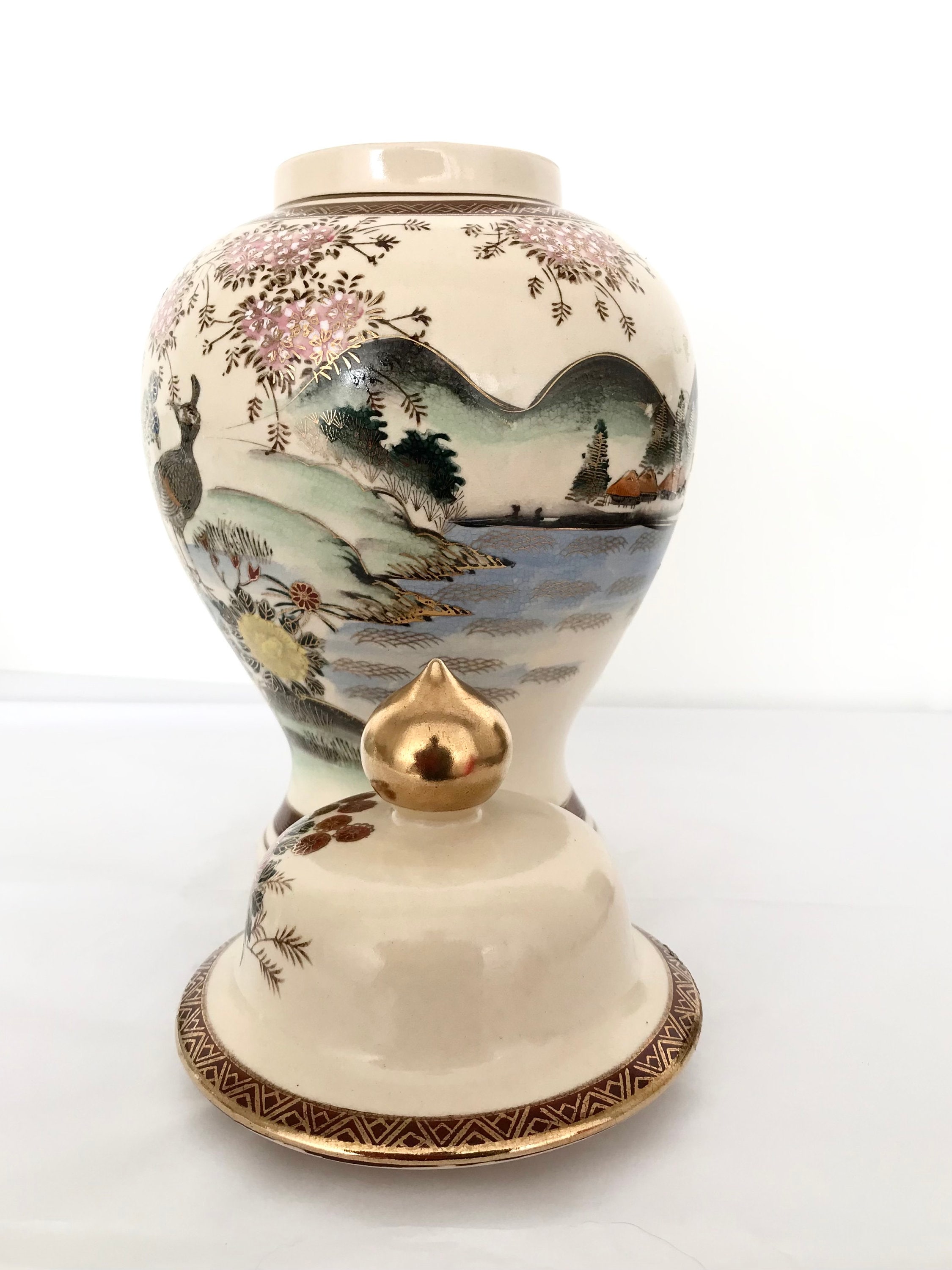 Beautiful Hand Painted Andrea By Sadek Japanese Ginger Jar with Lid Adorned with Peacocks Cherry Blossoms and Landscapes