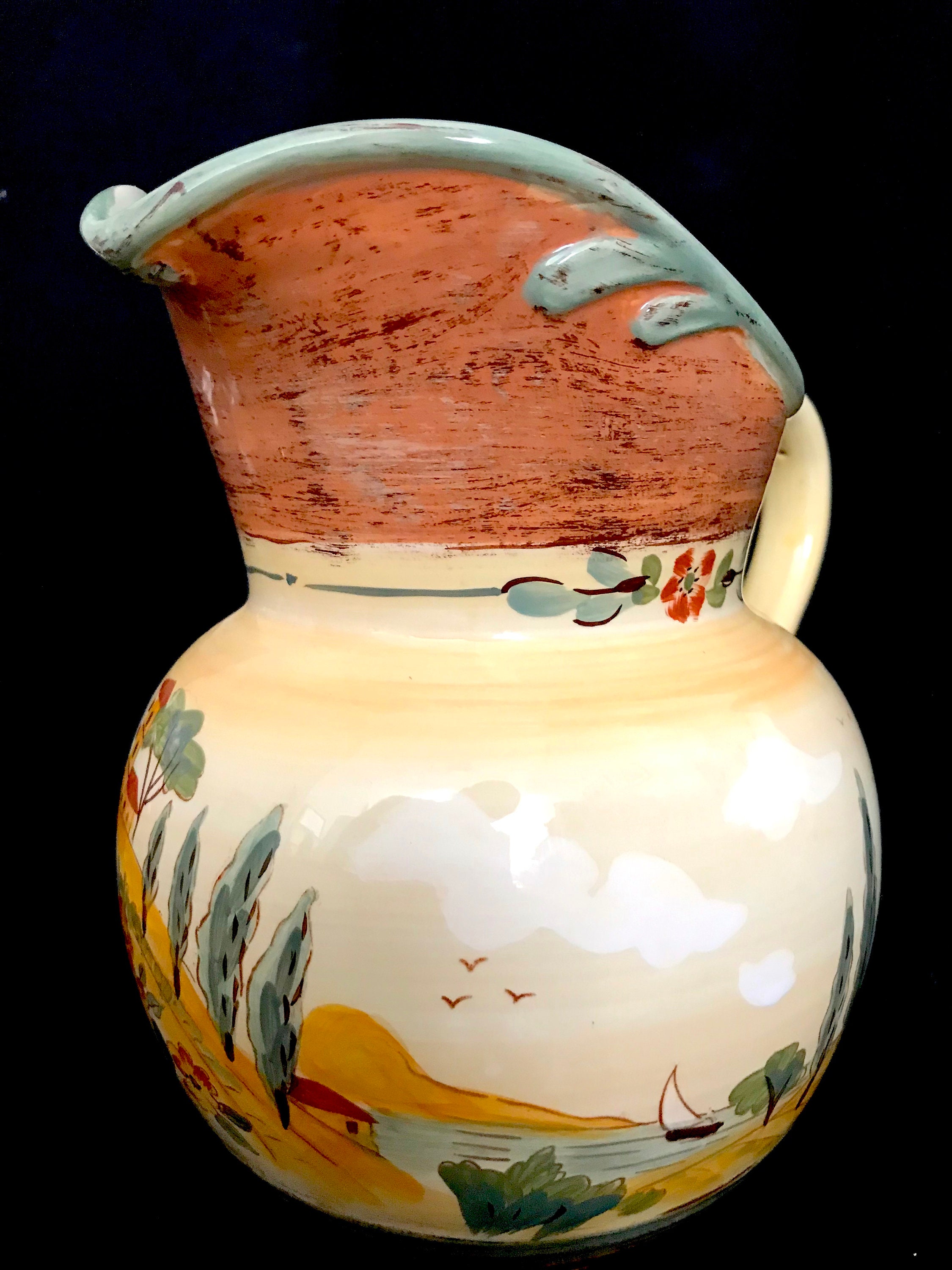 Italian Ceramic Pottery Art Pottery Pitcher, Tuscan Landscape Wine