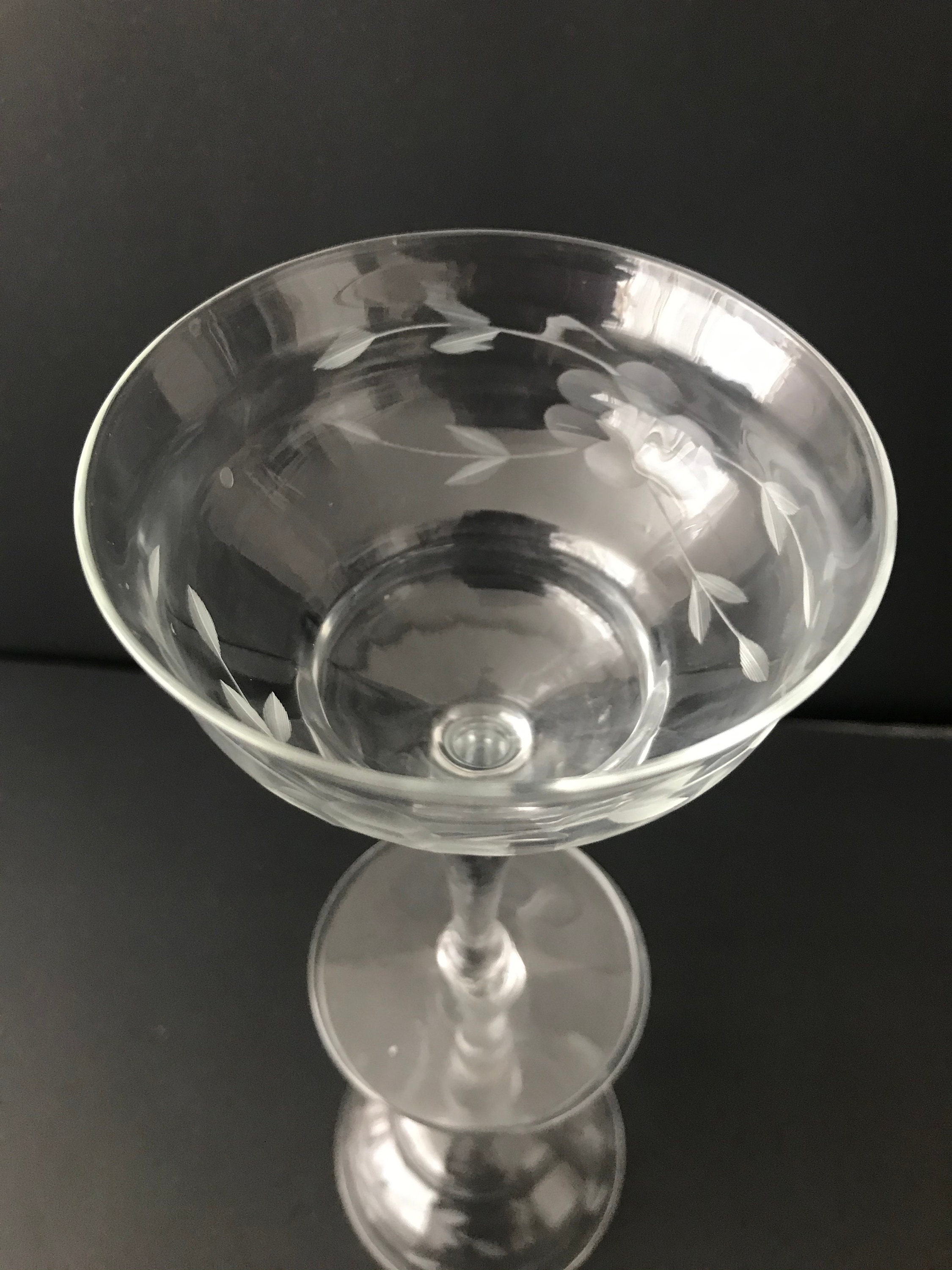 Vintage Flower & Leaf Etched Stemmed Dessert Glasses, Champagne Glasses