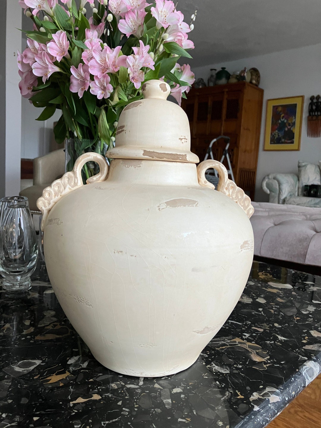 Textured Ginger Jar With Lid, Beige and Brown Porcelain Vase, Vintage
