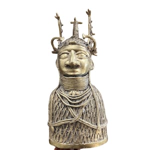 Benin Bronze Sculpture, Authentic African Art, Lost-Wax Cast Decorative Piece, Pure Metal Bust Vintage Tribal Head Statue, Edo Nigeria Art