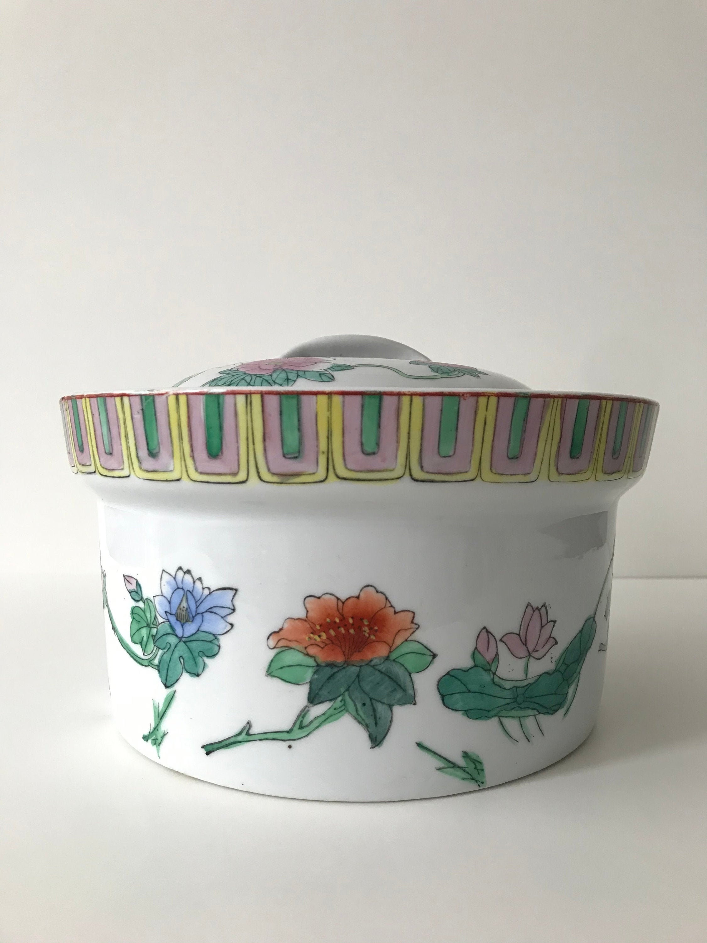 Vintage Glazed Ceramic Serving Dish with Lid, Hand Painted Container