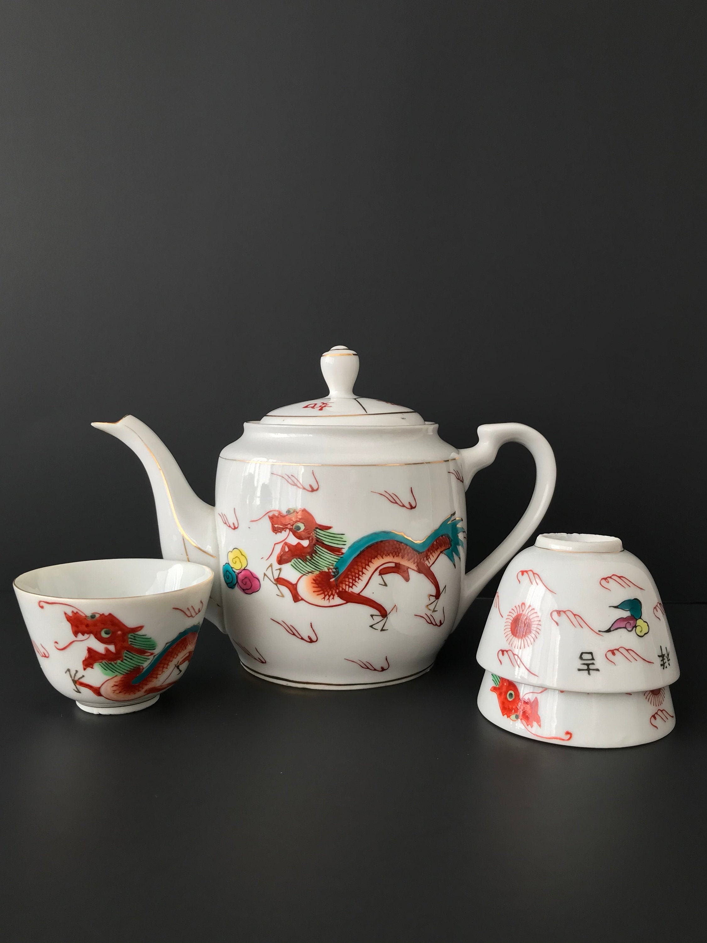 Vintage Luo Sen Rare Hand Painted Dragon Chinese Tea Set / Porcelain