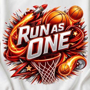 May include: White sweatshirt with a basketball-themed graphic. The design features basketballs, a rocket, and the text "RUN AS ONE" in a bold, stylized font. A "BEST SELLER" tag is attached. The overall design is in shades of red, orange, and silver.