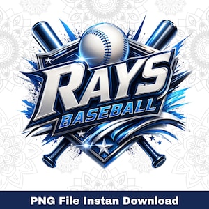 May include: A digital graphic featuring the text "RAYS BASEBALL" in silver and blue, with a baseball and crossed bats. The design includes star accents and a dynamic, stylized aesthetic, perfect for sports fans.