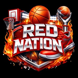 May include: A dynamic graphic featuring a basketball, a basketball shoe, and the words "RED NATION" in bold, silver letters. The design incorporates flames, a basketball hoop, and a hand holding a basketball, all set against a black background.