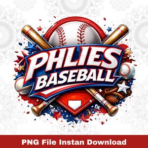 Peut inclure: Graphisme dynamique avec un ballon de baseball, des battes et un gant. Le texte "PHLIES BASEBALL" est affiché en rouge, blanc et bleu. Des étoiles et d'autres éléments décoratifs complètent le design.