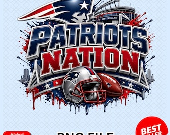 May include: A digital graphic design featuring the text Patriots Nation in bold blue and red lettering. The image includes a football helmet, a football, a stadium, and bridge structures with red and blue paint splatter effects on a light background.