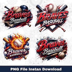 Op de afbeelding: Vier Braves Baseball-ontwerpen in rood, wit en blauw. Elk ontwerp bevat honkballen, knuppels en de woorden "Braves Baseball". Eén ontwerp toont een honkbal in vlammen. De tekst "PNG File Instan Download" staat onderaan.