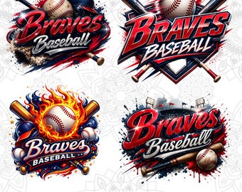 May include: Four Braves Baseball designs in red, white, and blue. Each design features baseballs, bats, and the words "Braves Baseball." One design shows a baseball engulfed in flames. The text "PNG File Instan Download" is at the bottom.