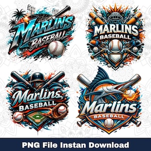 May include: Four colorful baseball-themed designs featuring the text "Marlins Baseball". Each design includes baseballs, bats, and other baseball equipment. The designs are in shades of blue, orange, and black, with a white background. The bottom of the image reads "PNG File Instan Download".