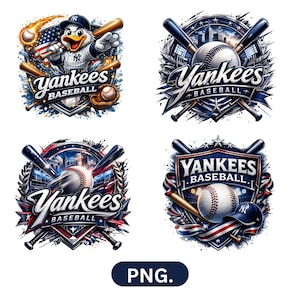 Puede incluir: Cuatro diseños con temática de béisbol con el texto "Yankees Baseball". Cada diseño incluye pelotas de béisbol, bates y logotipos del equipo. Un diseño presenta un pájaro de dibujos animados con uniforme de los Yankees.