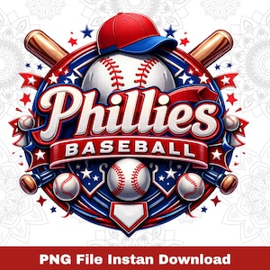 Peut inclure: Graphique sur le thème du baseball avec le texte "Phillies Baseball". Le design comprend une balle de baseball, une casquette de baseball rouge et bleue, des battes et des étoiles rouges, blanches et bleues. Le texte "PNG File Instan Download" est également inclus.