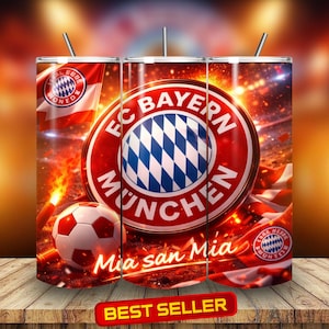 Pode incluir: Um copo de aço inoxidável com o logotipo do FC Bayern Munique, uma bola de futebol e as palavras "Mia san Mia". O design inclui as cores vermelho, branco e azul com uma etiqueta "Mais vendido" na parte inferior.