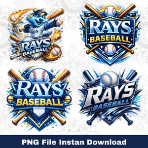 May include: Four baseball-themed graphics featuring the text "Rays Baseball". The designs include baseballs, bats, and a mascot. The graphics are in shades of blue, gold, and white, with a digital art style. The bottom of the image reads "PNG File Instan Download".