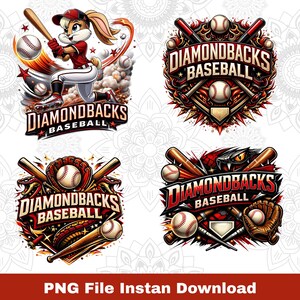 May include: Four baseball-themed designs featuring the text "Diamondbacks Baseball." One design shows a cartoon rabbit playing baseball. Other designs include baseballs, bats, gloves, and a snake. The bottom of the image reads "PNG File Instan Download."