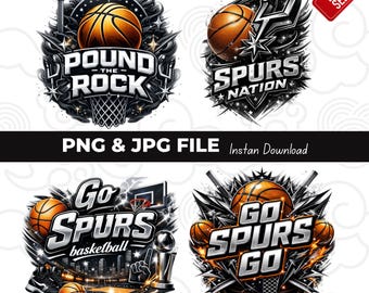 4 immagini PNG e JPG degli Spurs di pallacanestro, clipart di pallacanestro, design per il giorno della partita (download digitale)