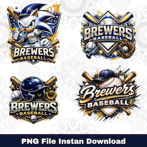 May include: Four baseball-themed logos featuring the text "Brewers Baseball." One logo depicts a cartoon hedgehog with a baseball bat. Other logos include baseballs, bats, a glove, and a helmet. The logos are in blue, gold, and white colors. The bottom of the image says "PNG File Instan Download."