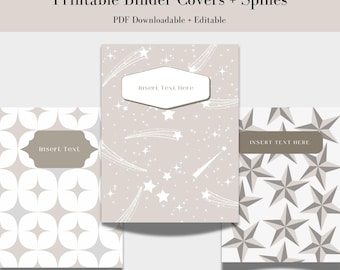 May include: Three printable binder covers with star designs. The covers are in shades of gray and white. The text "Insert Text Here" appears on the covers. The text "Letter Size | 3 Designs | Instant Download | Edit with Canva" appears at the bottom of the image.