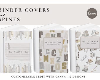 May include: Three white binder covers with different designs. One has pencil illustrations, another has letters, and the third has school-related icons. Text on the binders reads "BINDER COVERS AND SPINES", "TEACHER BINDER", and "DAILY PLANS".