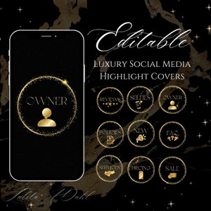 May include: Editable social media highlight covers with gold glitter accents on a black marble background. The covers include icons for owner, reviews, selfies, policies, new, FAQ, services, pricing, and sale.