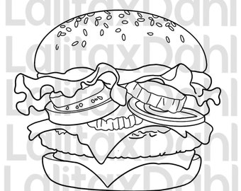 Food Coloring Pages: Pizza, Burger, Cupcake, Donut, Cake (Digital Download)