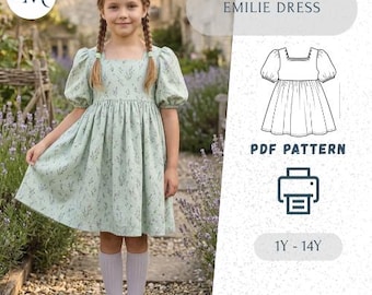 Girls Emilie Dress PDF Sewing Pattern, 1 Year to 14 Years