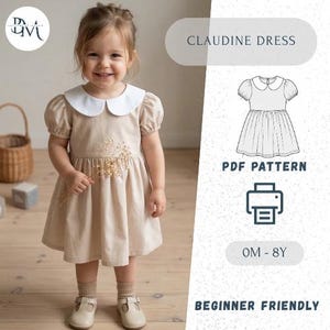 Patrón de costura para vestido trapecio de niña con cuello Peter Pan (patrón PDF) imagen 1