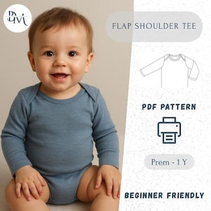 May include: A smiling baby wears a blue long-sleeved bodysuit. The image includes text that reads "FLAP SHOULDER TEE", "PDF PATTERN", "Prem - 1 Y", and "BEGINNER FRIENDLY". A line drawing of the tee is also shown.