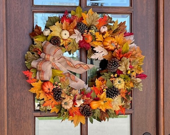 Autumn Harvest Fall Front Door Wreath, Leaves Pumpkin Gourd Wreath, All Occasion Fall Farmhouse Wreath, Halloween Thanksgiving decor