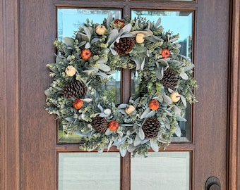 Fall Autumn Lambs Ear Wreath, Lambs Ear-Eucalyptus Wreath, Lambs Ear for Front Door, Pumpkin Farmhouse Wreath, Everyday Wreath