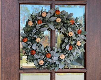 Fall Lambs Ear Wreath, Lambs Ear-Eucalyptus Wreath, Lambs Ear for Front Door, Pumpkin Farmhouse Wreath, *Removable Pumpkin Year-Round Wreath