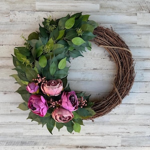 Peony Front Door Wreath, Monogram Wreath, Farmhouse everyday, grapevine eucalyptus Summer Spring wreath, Elegant Door Decor, Lavender Flower