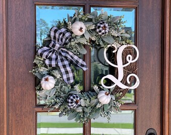 Fall Monogram Lambs Ear Wreath, Lambs Ear-Eucalyptus Wreath Buffalo Check, Lambs Ear Front Door, Pumpkin Farmhouse Wreath, Everyday Wreath