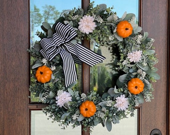 Fall Autumn Lambs Ear Wreath, Lambs Ear-Eucalyptus Wreath Buffalo Check, Lambs Ear for Front Door, Pumpkin Farmhouse Wreath, Everyday Wreath