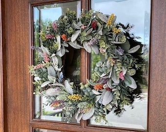 Spring Lambs Ear Wreath, Rainbow Floral Lambs Ear-Eucalyptus Wreath, Lambs Ear for Front Door, All Occasion Farmhouse Summer Wreath