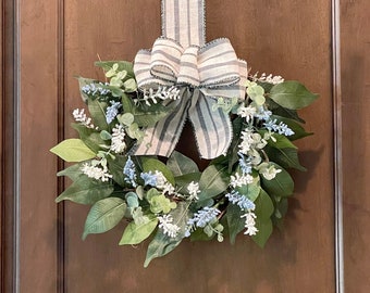 Mini eucalyptus floral Farmhouse wreath with Linen & Green ribbon bow, Farmhouse everyday, cabinet/window grapevine spring wreath