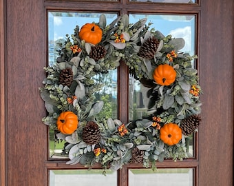 Fall Autumn Lambs Ear Wreath, Lambs Ear-Eucalyptus Wreath, Lambs Ear for Front Door, Pumpkin Farmhouse Wreath, Everyday Wreath