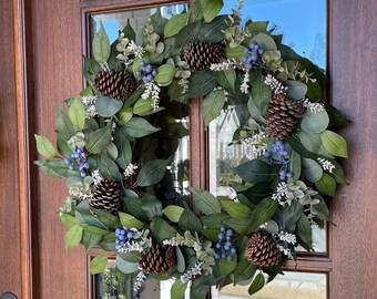 Winter Pine Cone Front Door Wreath, Blue Berry Red Berry, Farmhouse everyday, grapevine eucalyptus winter wreath, Door Decor Pine Cones