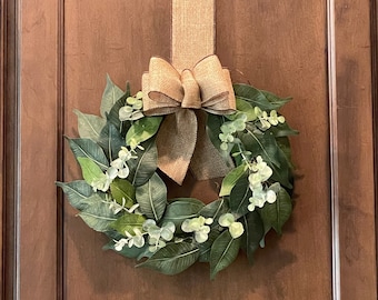 Mini small eucalyptus floral Farmhouse wreath with burlap ribbon bow, Farmhouse everyday, cabinet/window frame grapevine spring wreath