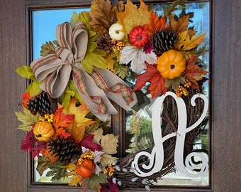 Harvest Fall Front Door Monogram Wreath, Fall Leaves Pumpkin Gourd Wreath, All Occasion Fall Farmhouse Wreath, Halloween Thanksgiving decor