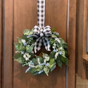 Mini eucalyptus floral Farmhouse wreath with buffalo check ribbon bow, Farmhouse everyday, cabinet/window grapevine spring wreath