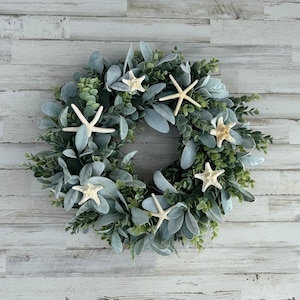 Nautical Starfish Lambs Ear Wreath, Lambs Ear-Eucalyptus Wreath, Lambs Ear for Front Door, Farmhouse Wreath, Everyday Wreath Ocean Sea Theme