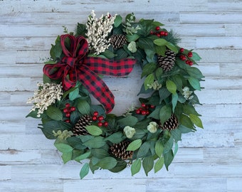 Christmas Berry Pine Cone Front Door Wreath, Monogram Wreath, Farmhouse everyday, grapevine Eucalyptus Winter Wreath, Holiday Door Decor