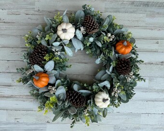 Fall Lambs Ear Wreath: Eucalyptus, Pumpkins & Pinecones