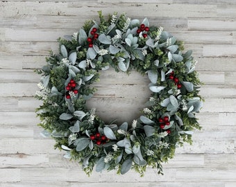 Winter Lambs Ear Wreath, Lambs Ear-Eucalyptus Wreath, Lambs Ear for Front Door, Berry Farmhouse Wreath, Christmas Wreath, Holiday Wreath