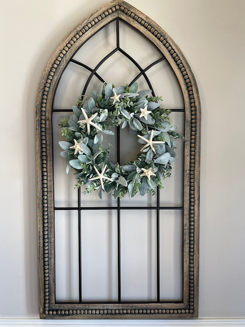 Nautical Starfish Lambs Ear Wreath, Lambs Ear-Eucalyptus Wreath, Lambs Ear for Front Door, Farmhouse Wreath, Everyday Wreath Ocean Sea Theme image 2