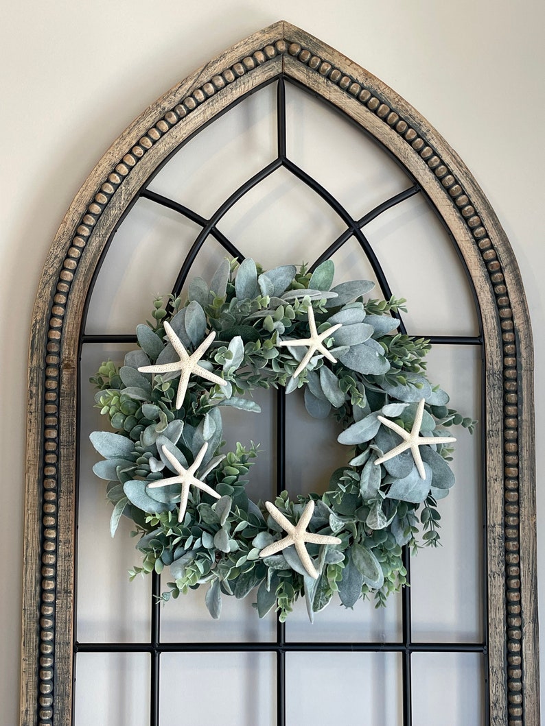 Nautical Starfish Lambs Ear Wreath, Lambs Ear-Eucalyptus Wreath, Lambs Ear for Front Door, Farmhouse Wreath, Everyday Wreath Ocean Sea Theme image 8